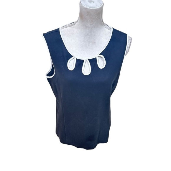 Talbots black Sleeveless Blouse top Cutout Neckline contrast white edging large - Picture 4 of 8